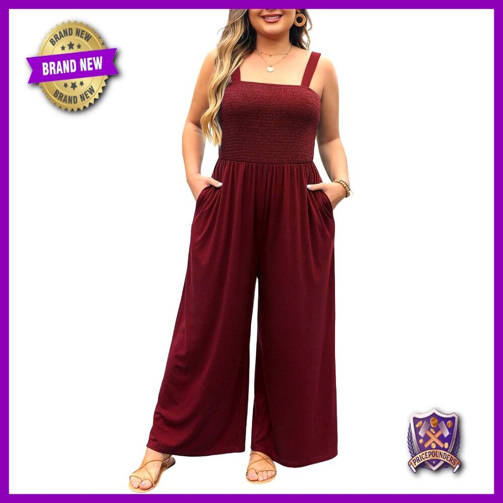Plus Size Jumpsuit Spaghetti Strap Wide Leg Pockets Stretchy Romper